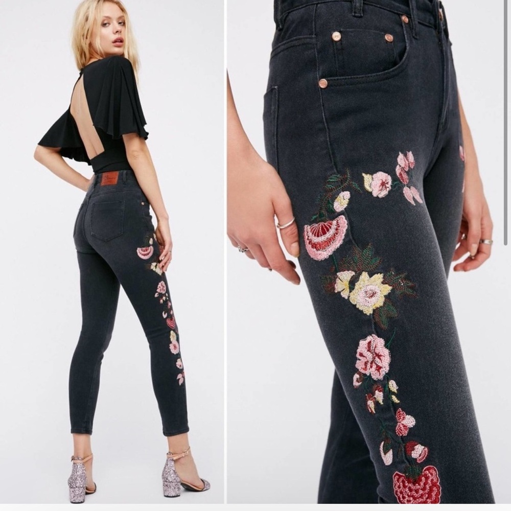 One Teaspoon Scallywag Paradise Embroidered Black Jeans